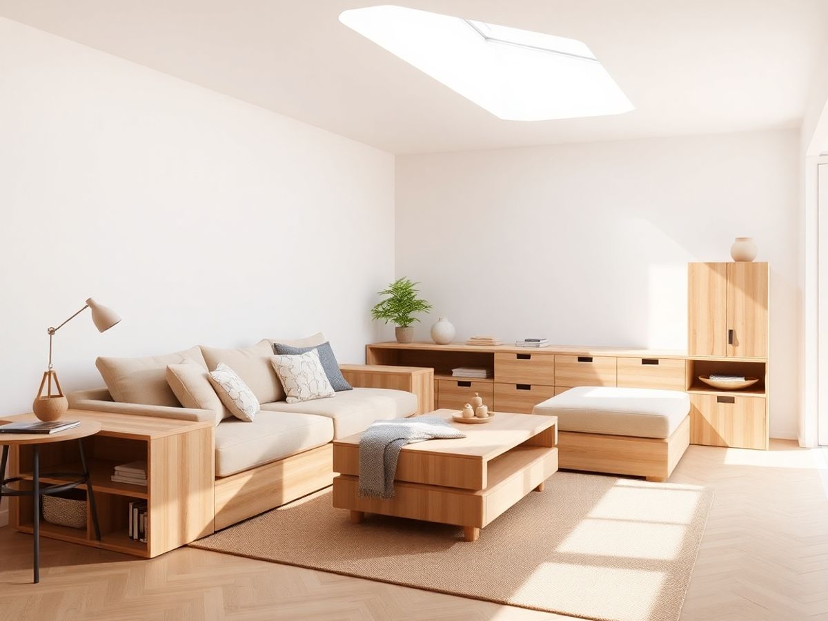 Mobilier ecologic din lemn natural într-o cameră luminoasă.