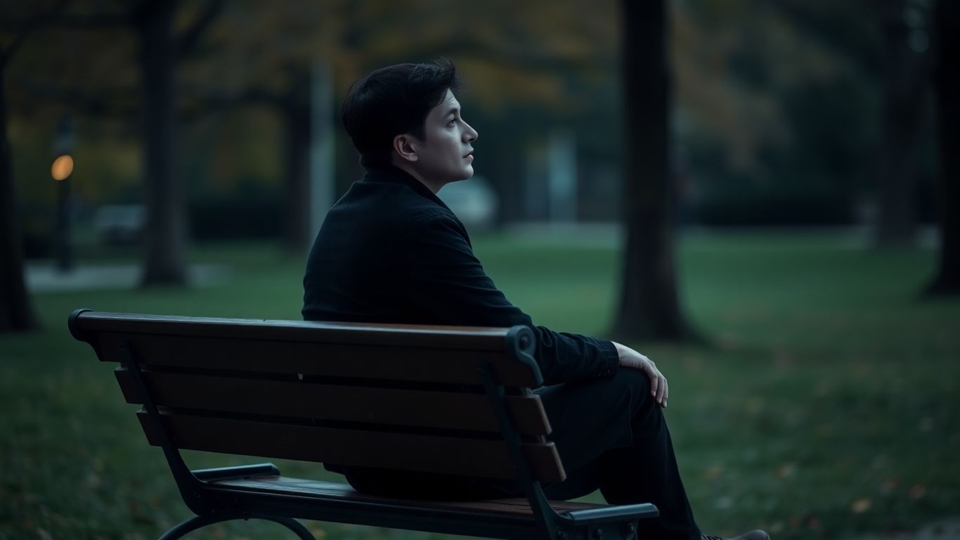 Personne seule assise sur un banc, regardant au loin.