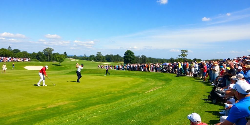 Golf players competing on a scenic PGA Tour course.