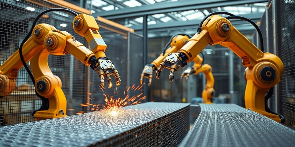Robotic arms transporting mesh materials in a factory.