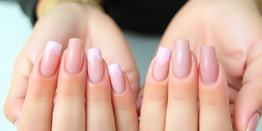 Unhas de gel e acrílico em close-up.