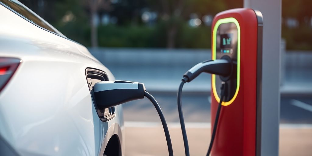 Electric car charging at station.