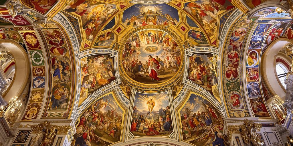 Intricate frescoes on the Sistine Chapel ceiling.