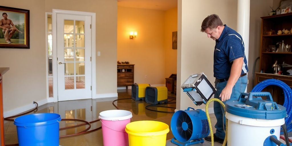 Water damage restoration technician working on a flooded home.