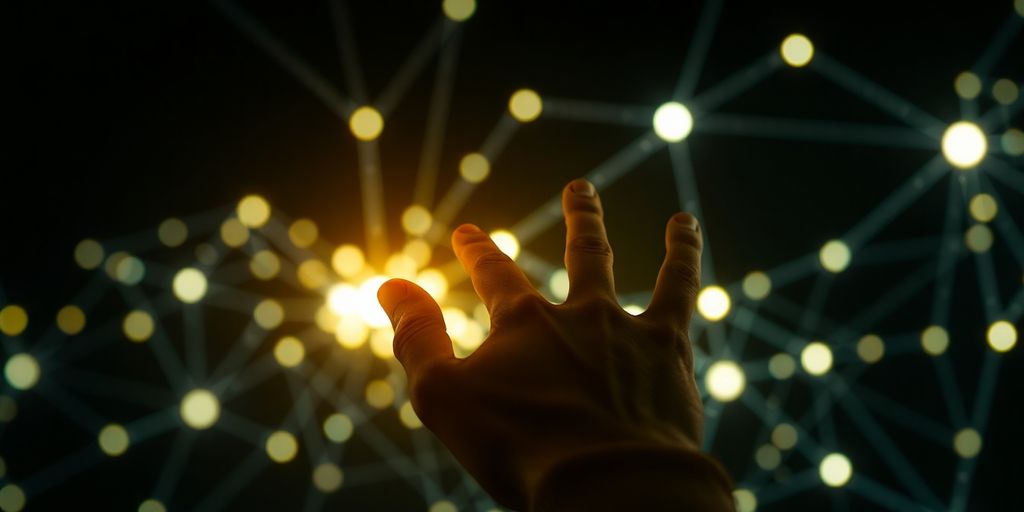 Une main humaine touchant un réseau lumineux abstrait.