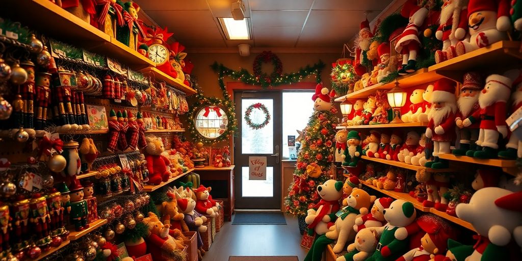 A festive Christmas souvenir shop with shelves full of decorations.