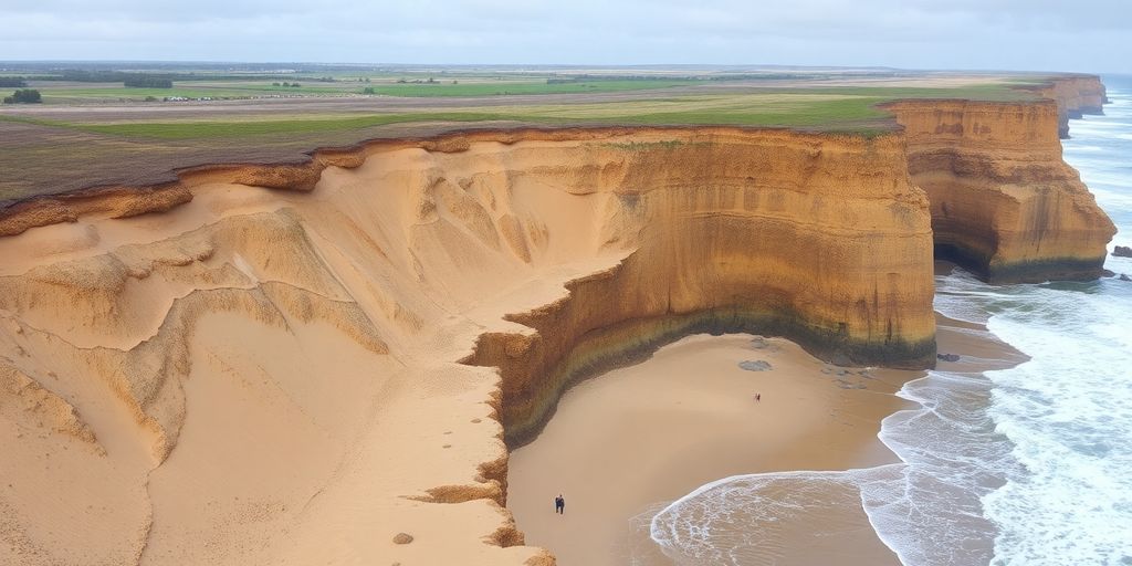 Une plage érodée avec des vagues frappant la côte.