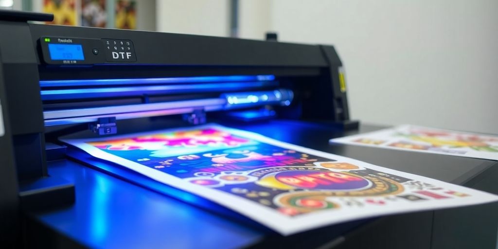 UV DTF printer with colorful designs on materials.