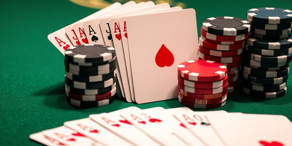 Blackjack cards and chips on a felt table.