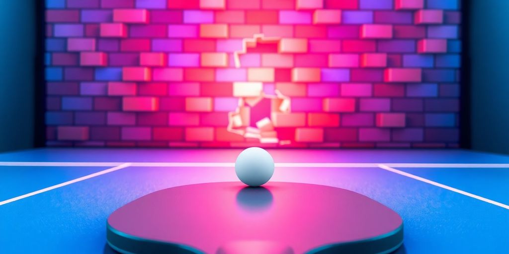 A close-up of a digital paddle hitting colourful bricks.