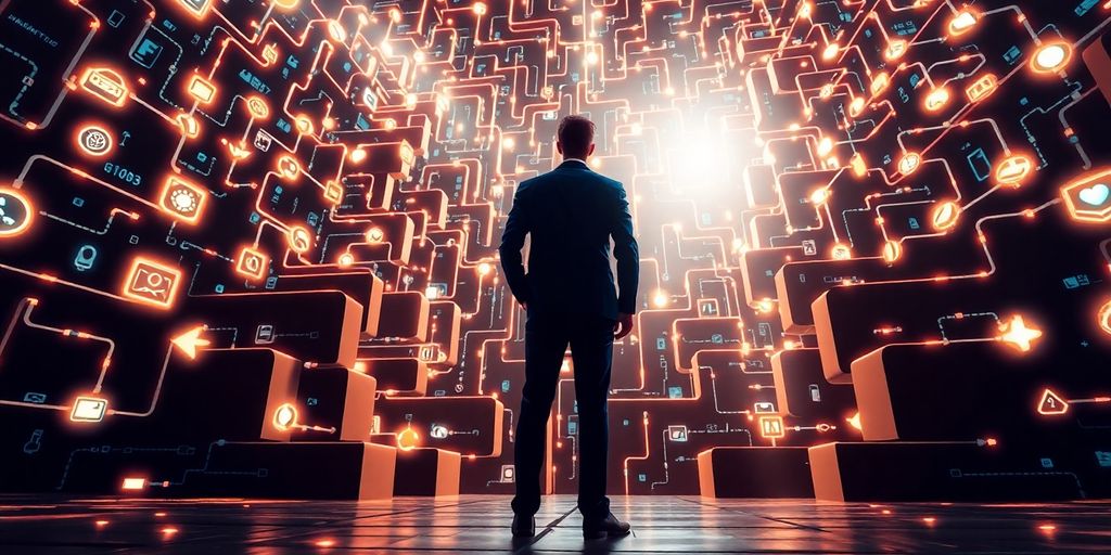 A business person navigating a complex maze of digital icons.