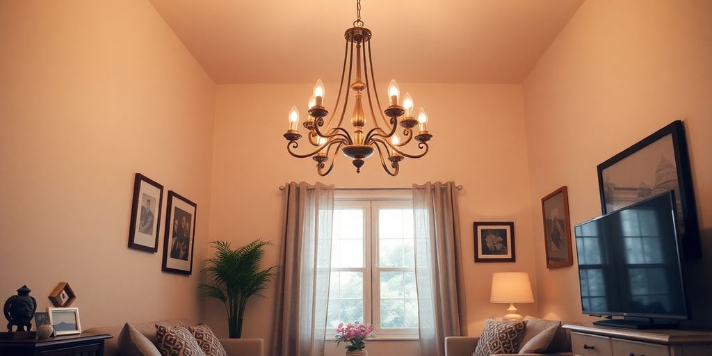 Cozy living space, chandelier glowing warmly.