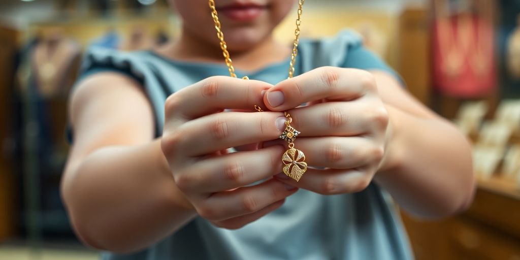 Jeune tenant un collier en or dans une bijouterie.