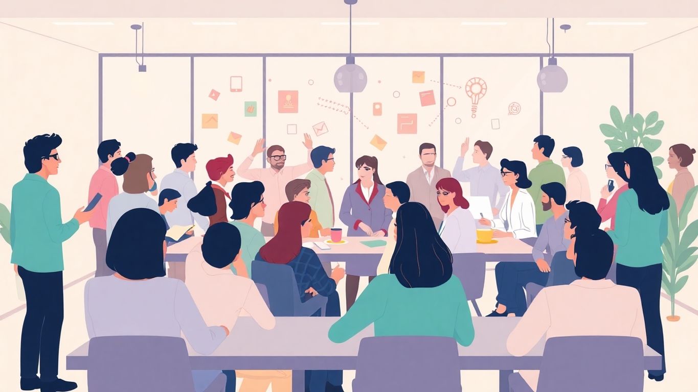 Moderne møteplass med folk som samarbeider og innovasjon.