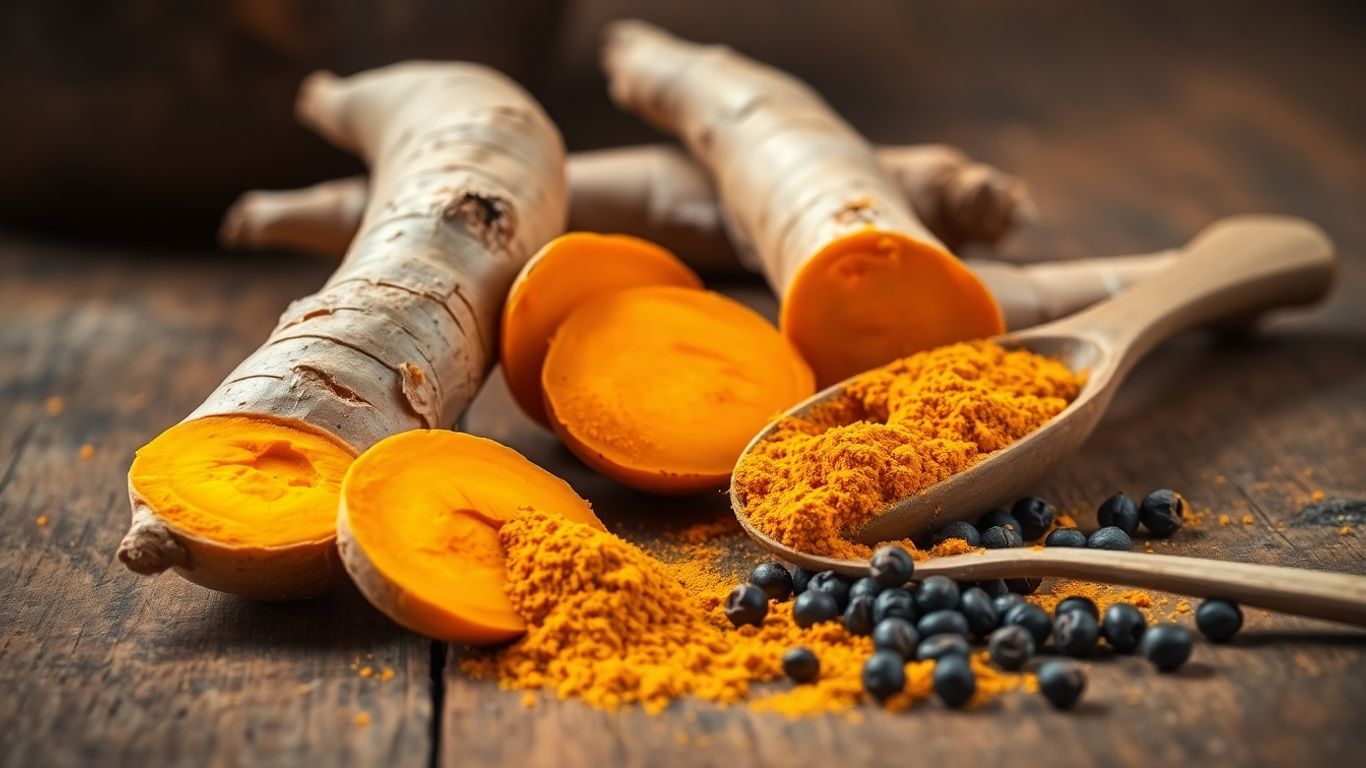 Close-up turmeric roots, sliced, curcumin powder, black peppercorns, rustic surface.