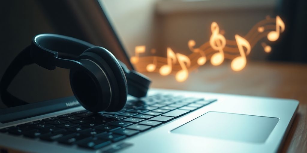 Headphones over a laptop with music notes.