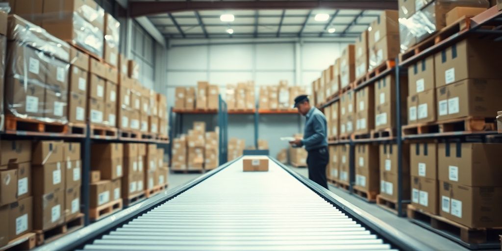 Warehouse logistics with stacked boxes and conveyor belt.