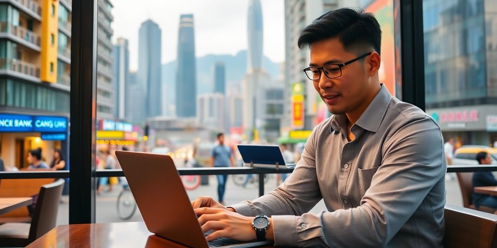 Expats banking in Hong Kong with city backdrop.