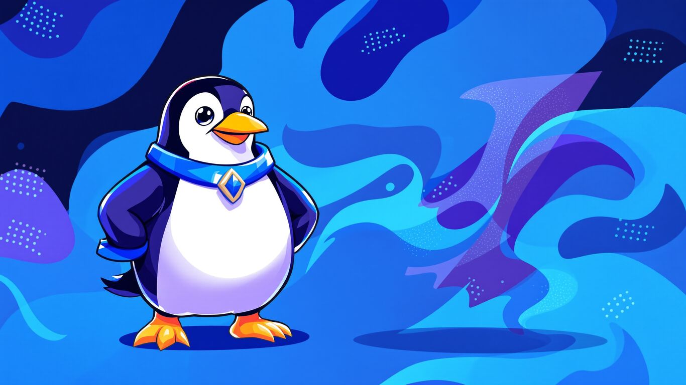 Pudgy Penguin mascot in a dynamic, colorful setting.