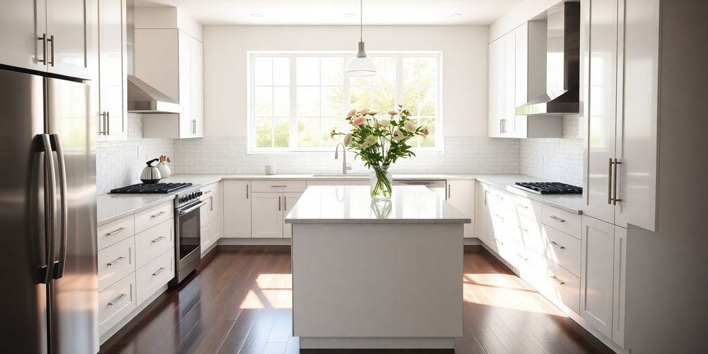 Modern kitchen with island and steel appliances
