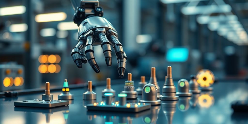 Robotic arm manipulating various automation tools