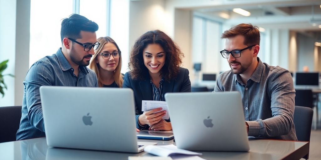 Equipa de marketing analisando dados em laptops.