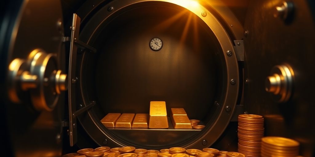 Coffre-fort sécurisé avec des barres et pièces d'or.