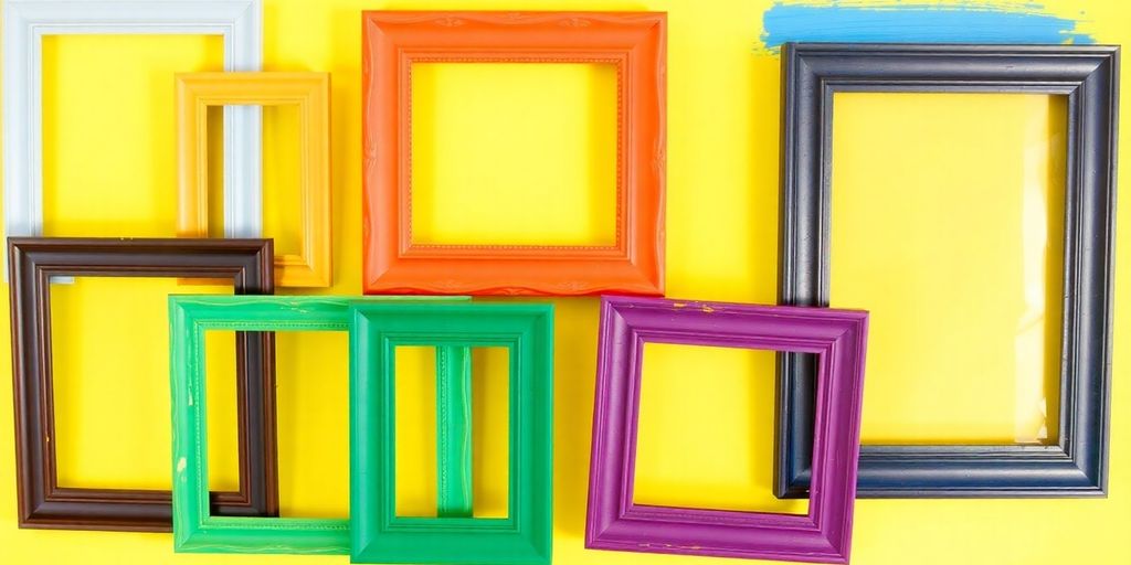 Colorful DIY spray painted picture frames arranged artistically.