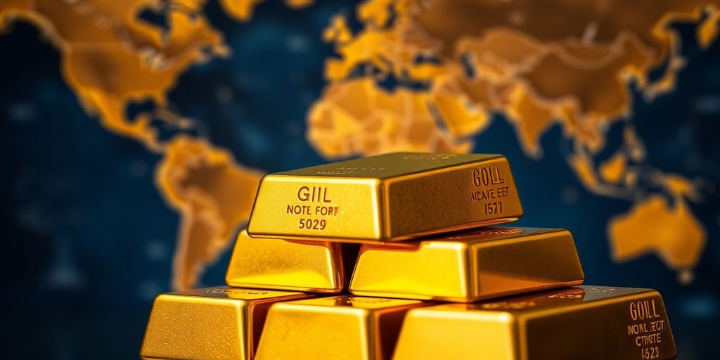 Des lingots d'or brillants empilés sur une carte floue.