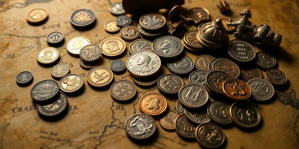 Pièces de monnaie anciennes sur une carte aux trésors.