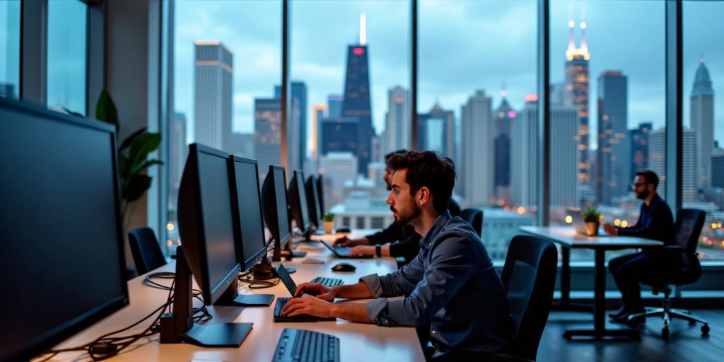 IT team working in office with Chicago skyline.