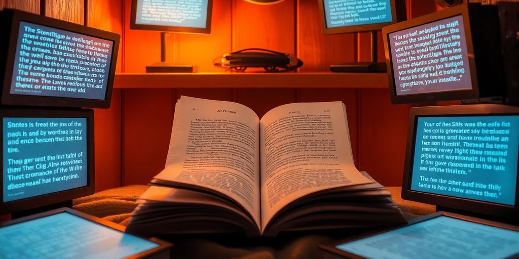 A book with digital screens in a cozy reading nook.