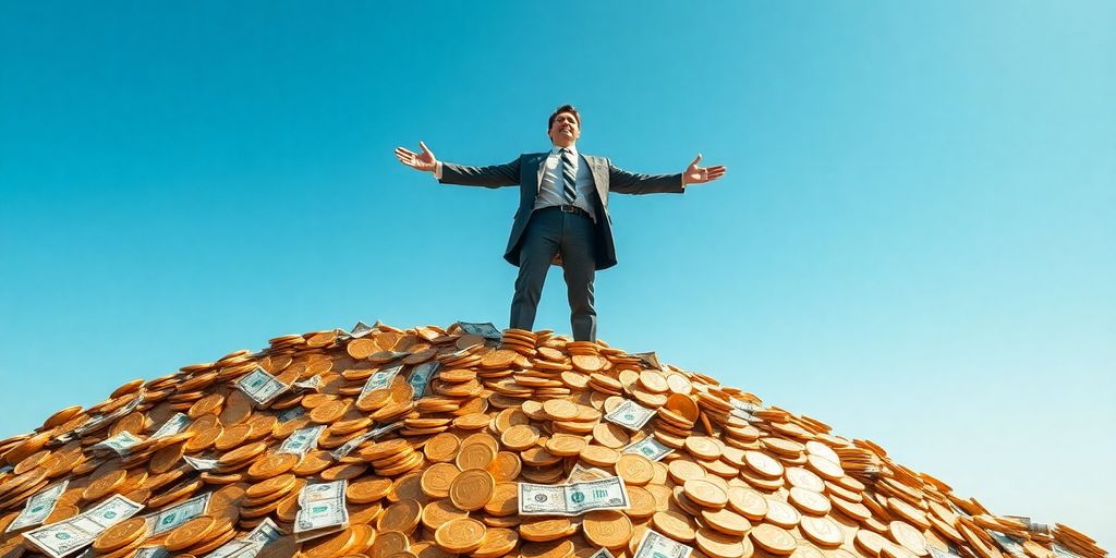 Businessman standing on a mountain of money.