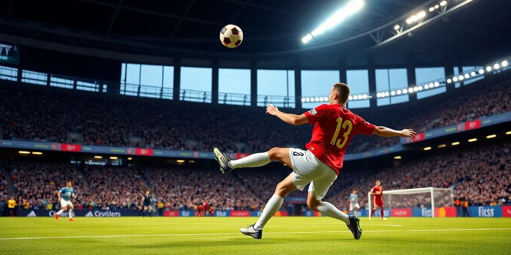 Soccer player scoring a last-minute goal in a stadium.