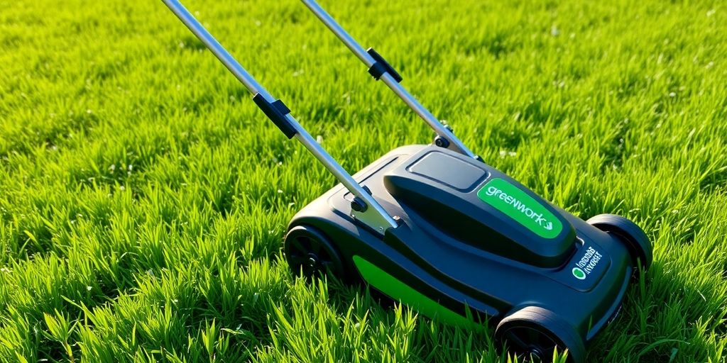 Greenworks cordless lawn mower with aluminum handles on grass.