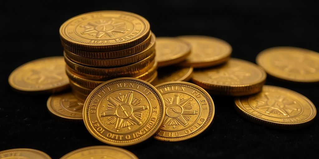 Pièces d'or anciennes sur fond sombre, lumière douce