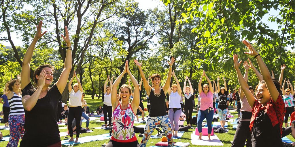 Groep mensen die lachende yoga in het park doet.