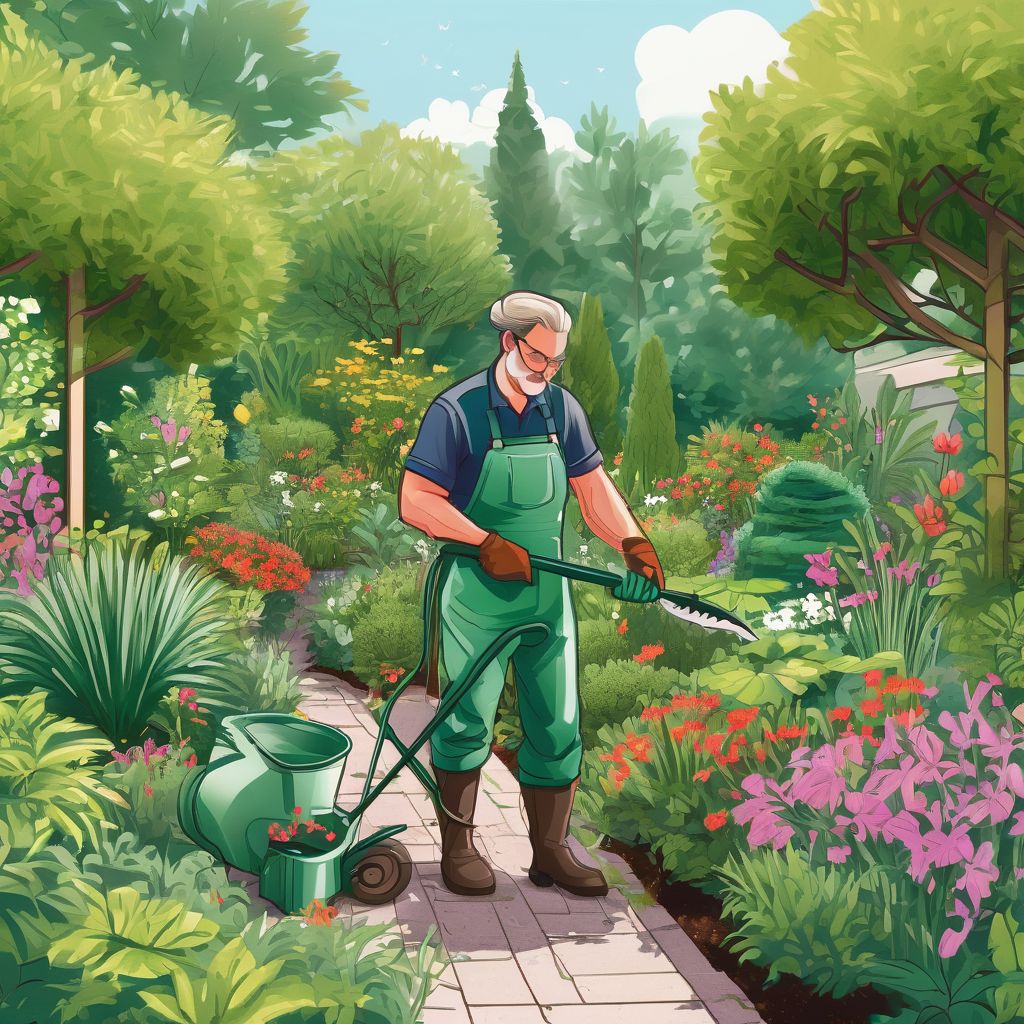 professional gardener working in a lush garden