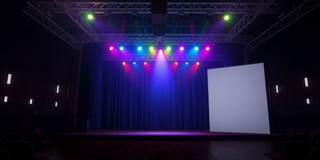 Colored lights illuminate a stage.