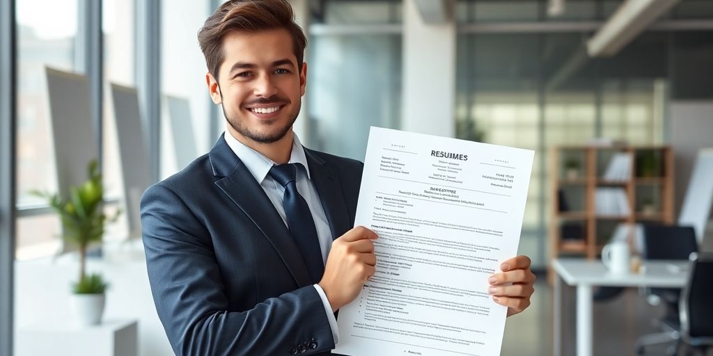 Professional with a resume in a bright office setting.