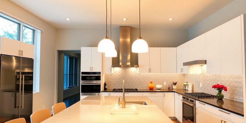 Modern kitchen with stylish lighting and elegant design elements.