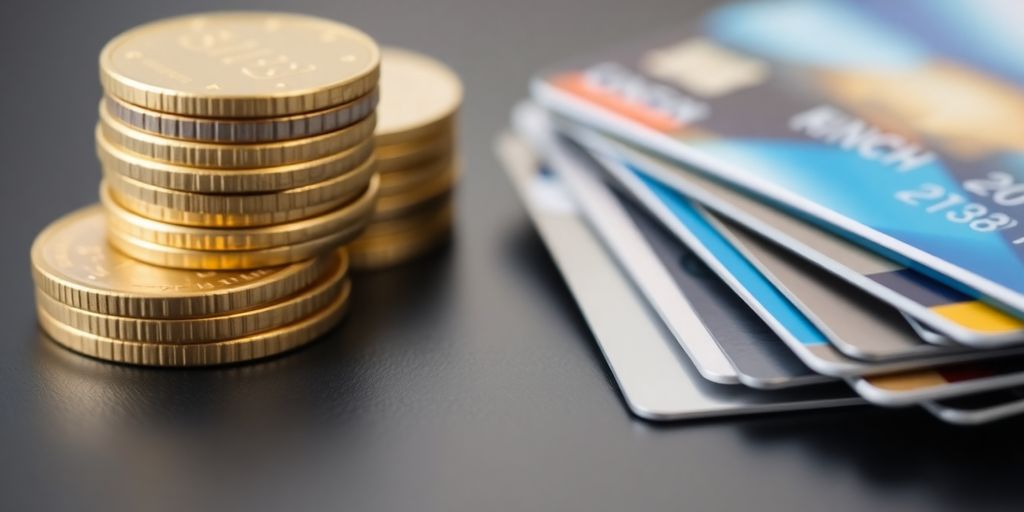 Stack of coins and credit cards displayed neatly.