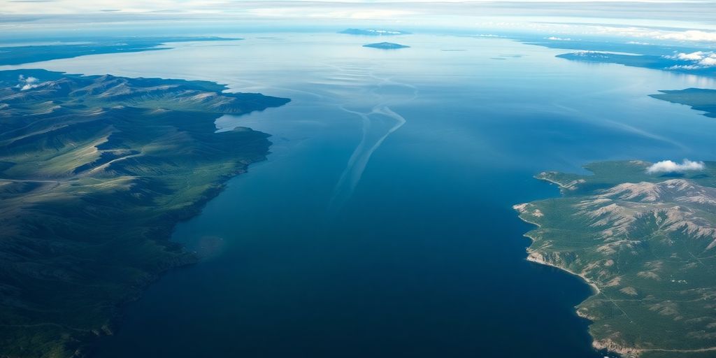 Aerial view of the Bering Strait between Russia and Alaska.