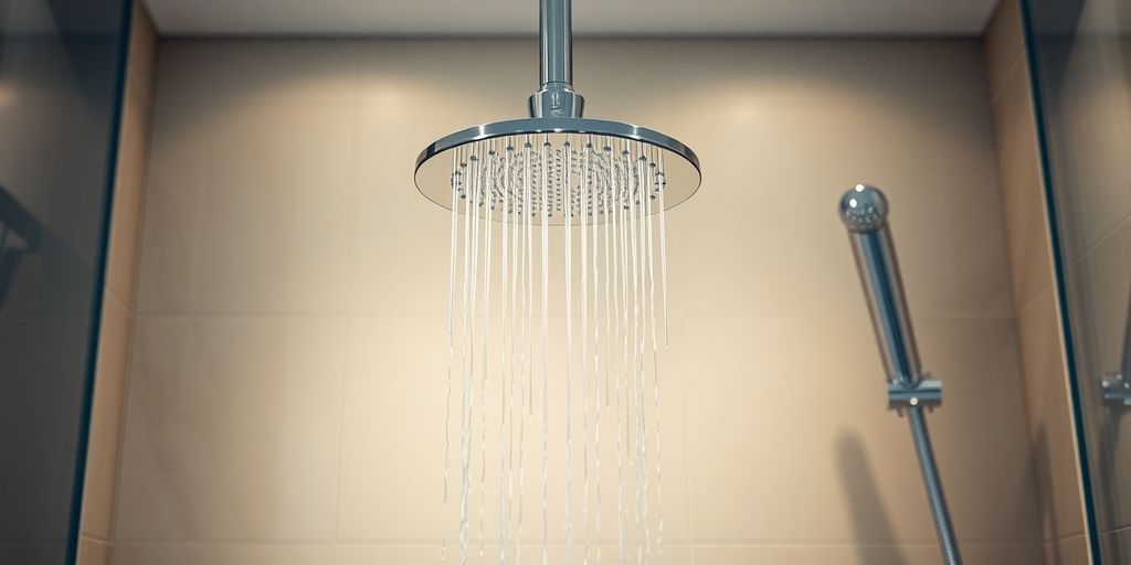 Sleek chrome shower system, minimalist bathroom design.