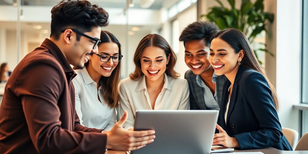 Diverse professionals collaborating in a modern office setting.