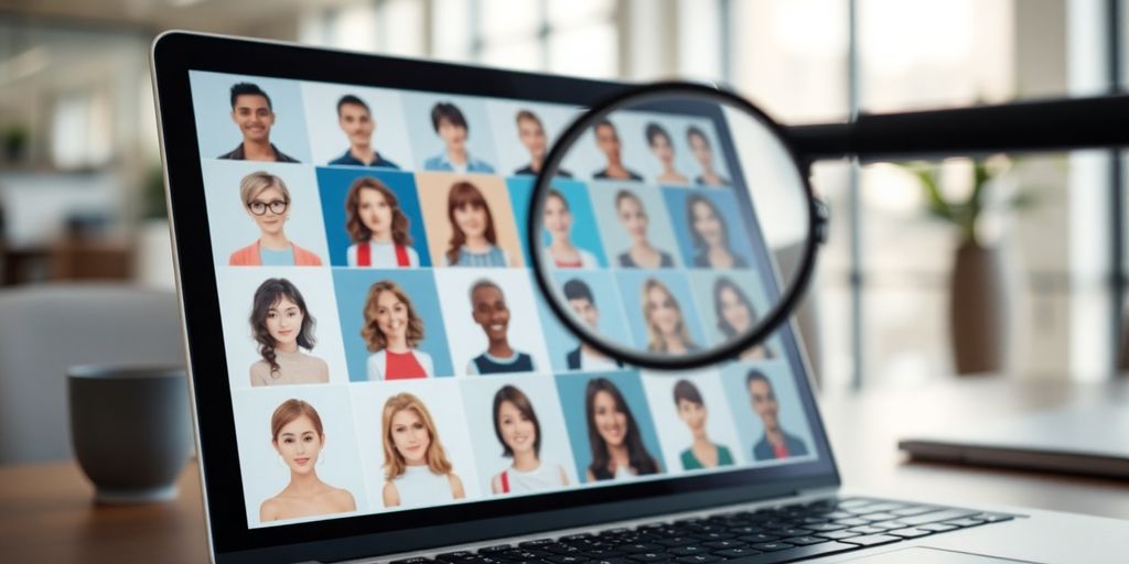 Laptop, magnifying glass, diverse faces