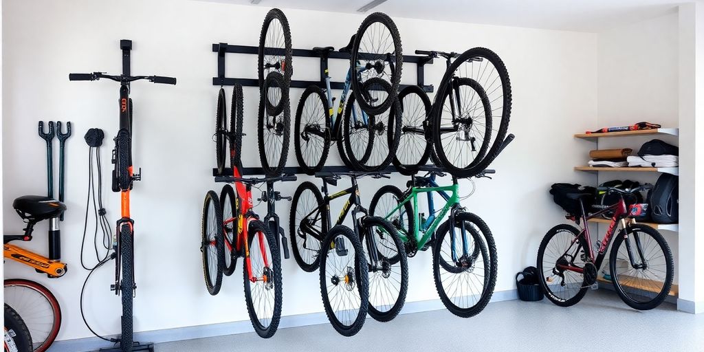 Mountain bike wall rack with bikes in a garage.
