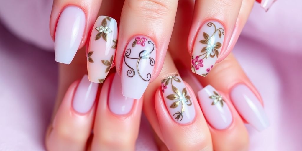 Unhas de fibra de vidro decoradas e estilizadas.