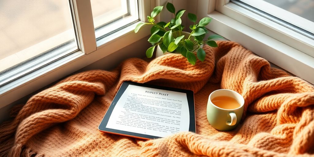 Cozy reading nook with e-reader and warm accessories.