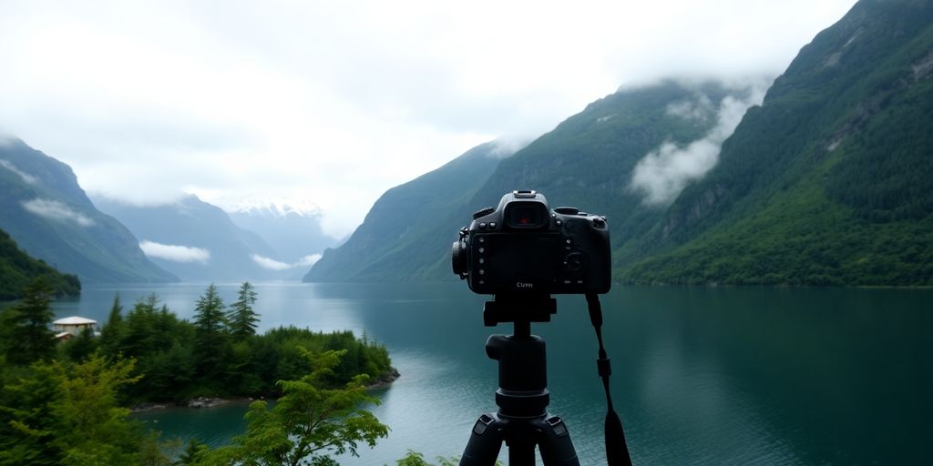 Camera on tripod, misty Alaskan fjord